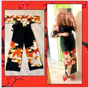 VTG Krist Gudnason Ca.Wax-Dyed Batik Vibrant Floral & Black Jumpsuit,EUC,Size M